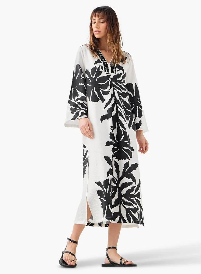 Iconic Iconic Embellished V-neck Dress with Slits and Long Sleeves
